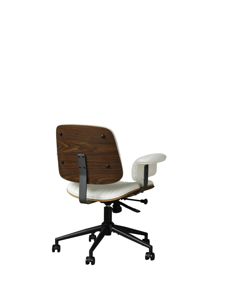 Sedia da ufficio girevole moderna con ruote, braccioli imbottiti e cuciture a mano in pelle PU e metallo beige