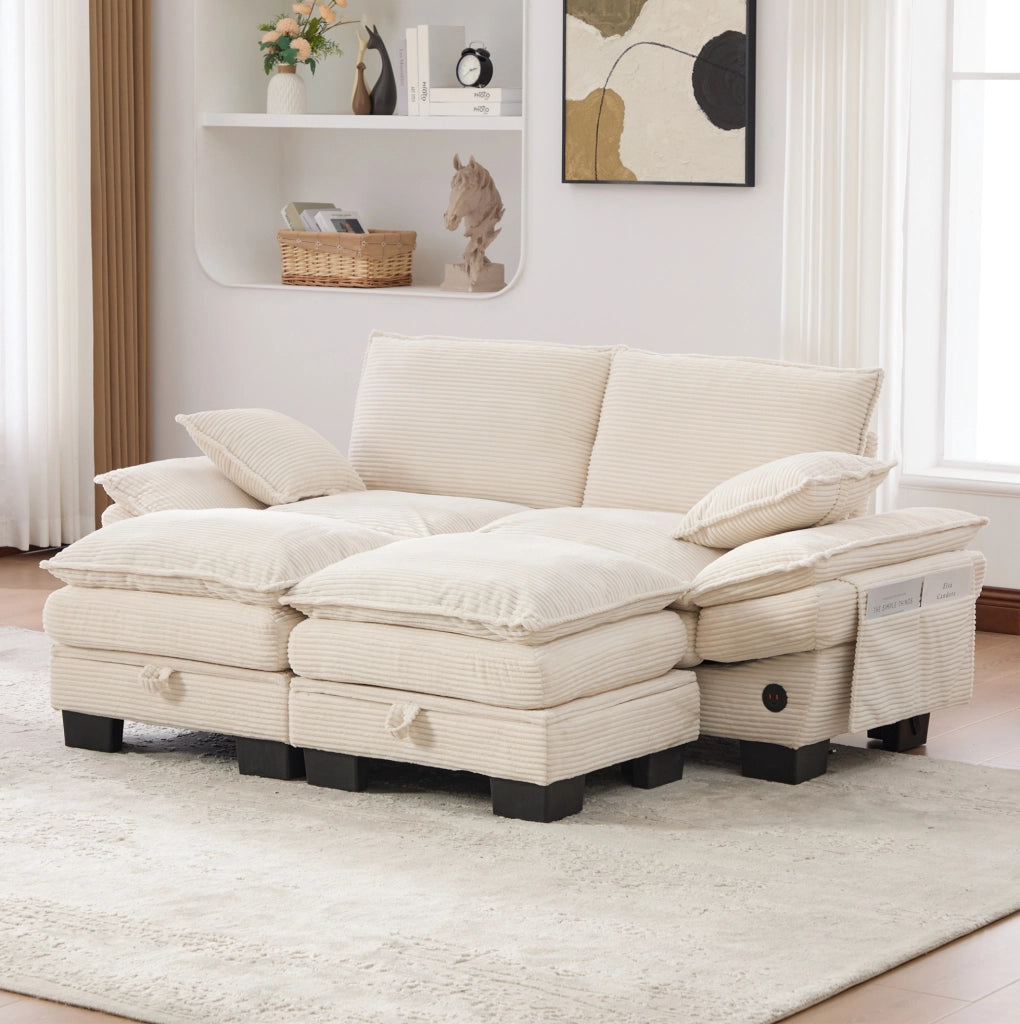 Divano modulare 2 posti in velluto a coste con 2 pouf; USB-C; 190x132x84 cm; beige