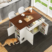 Isola cucina con piano estraibile, 3 cassetti, 2 ante e area pet friendly, bianco e noce, 120x40/70x90 cm