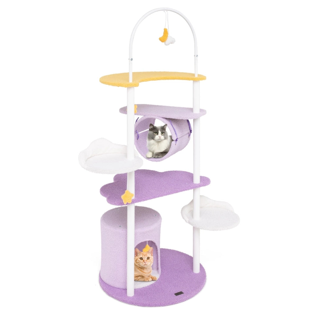 Albero per gatti multi-livello carino con struttura in metallo trespolo superiore, Torre per gatti alta 158cm Viola-Alberi Tiragraffi