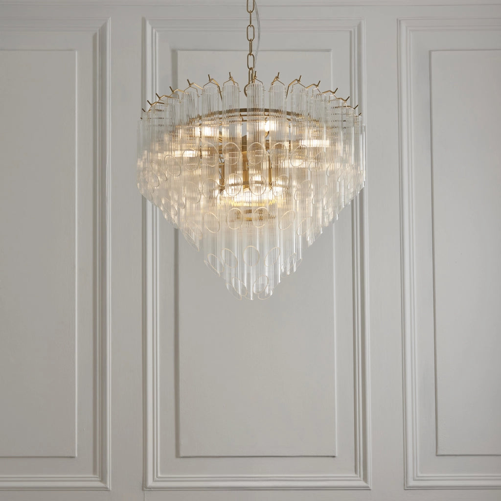 Lampadario Toulouse ottone satinato vetro 12xG9 Endon