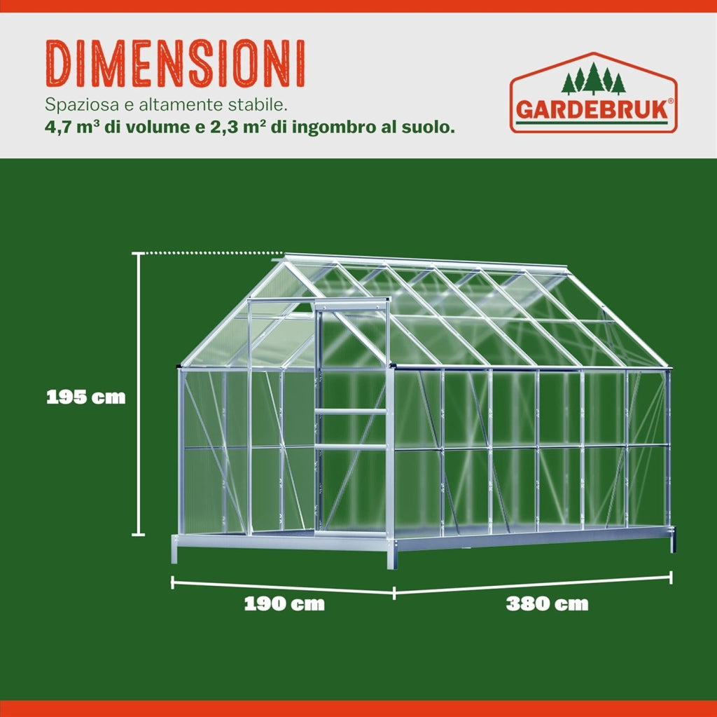 Serra Giardino Alluminio con Base 7,2m² 380x190cm 11,73m³ 4 Lucernari Orto Piante Esterno