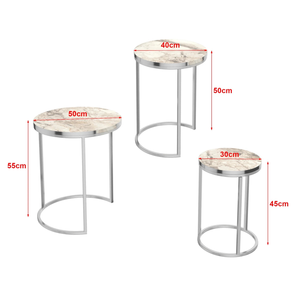 Set di 3 tavolini rotondi impilabili in marmo bianco e argento 03_0008377
