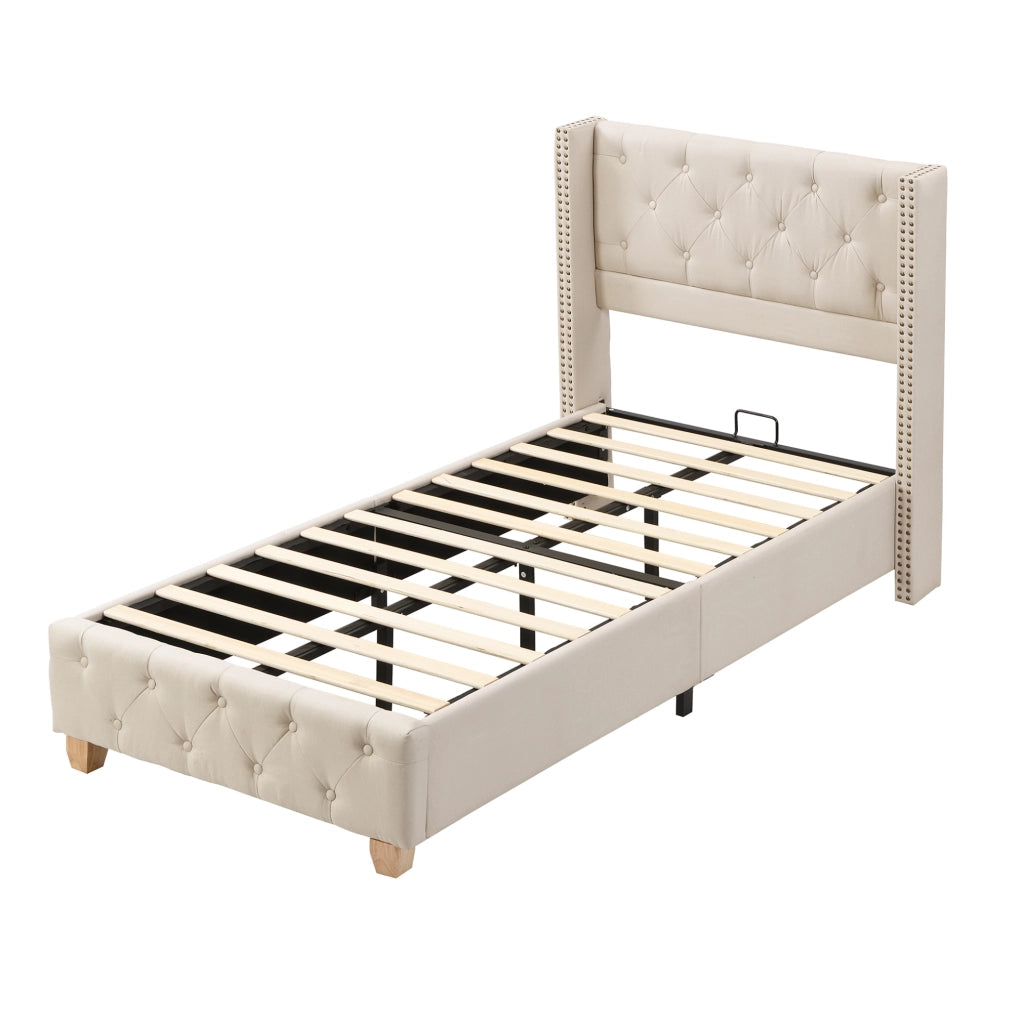 Letto imbottito 90x200 cm; testiera trapuntata e piedi rinforzati; lino beige (Senza materasso)