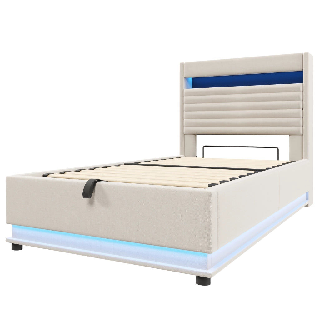 Letto imbottito 90x200 cm con contenitore idraulico; LED e porte USB/Type-C; beige