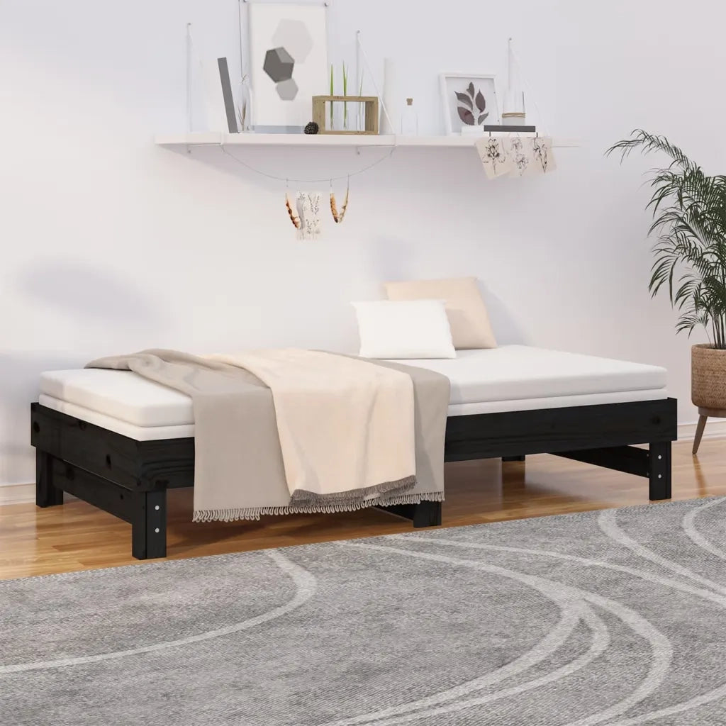 Dormeuse Estraibile Nera 2x(90x190) cm Legno Massello di Pino