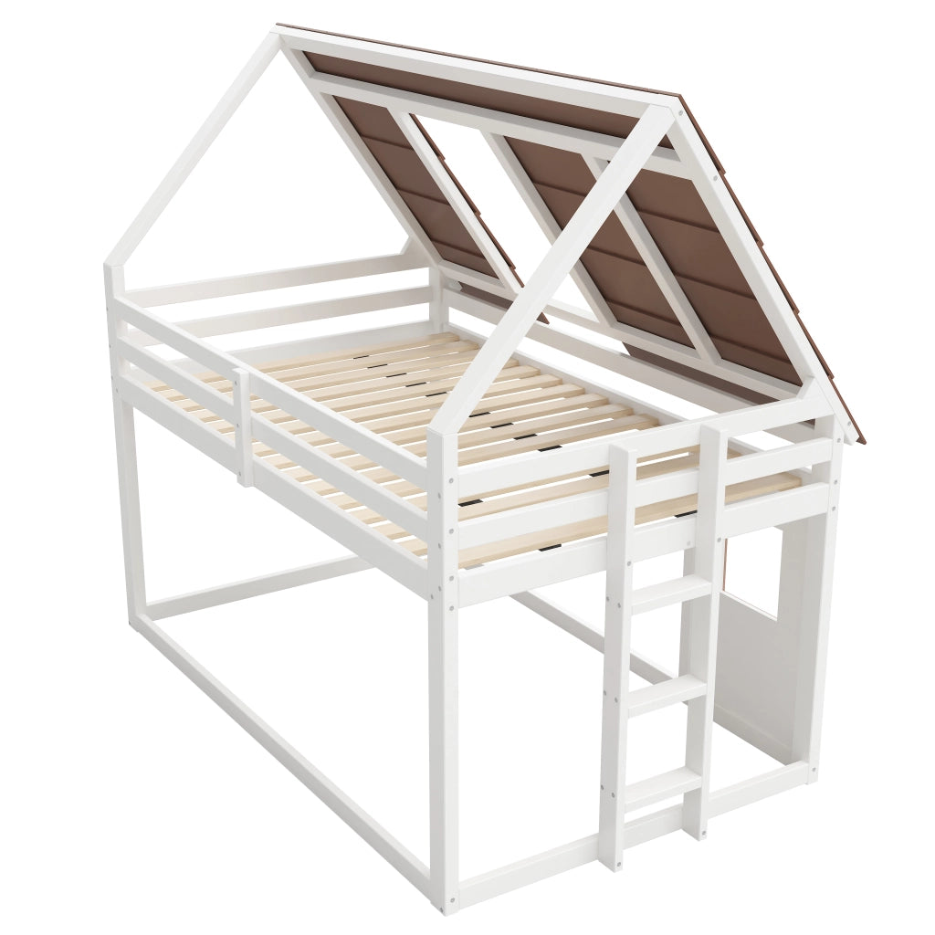 Letto a castello 140 × 200 cm con tetto e scala, sponde di sicurezza, senza materasso, in legno, marrone e bianco