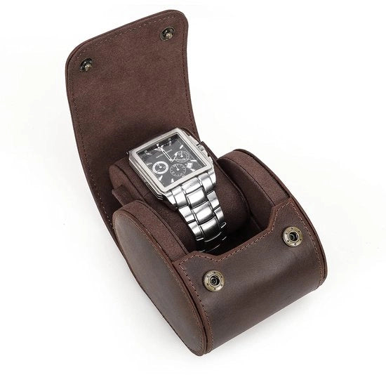 Cassaforte per orologi in pelle reale, contenitore per orologi con chiusura a cerniera, custodia cilindrica per orologi, custodia morbida per un orologio.