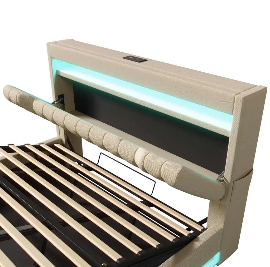 Letto 140x200 cm con contenitore; USB; Type-C e LED in lino beige