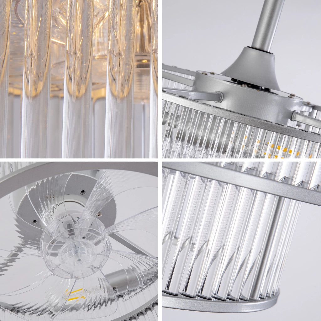 Ventilatore da soffitto con luce e cristalli; 19 pollici; argento; metallo e vetro