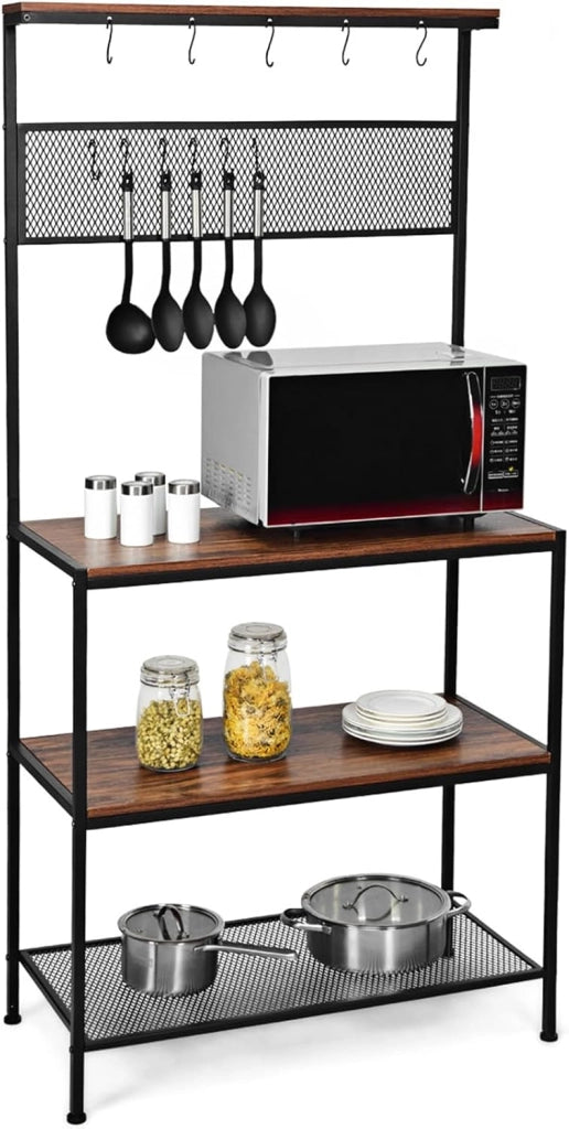 Scaffale per Panetterie con 4 Ripiani, Mobile per Microonde con 11 Ganci, per Cucina