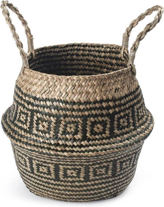 Pianta in Fibra Naturale Opportuna con Maniglie - Grande Vaso a Faccia di Mare per Conservazione - Asciugamani e Giocattoli - 27 x 24 cm - Striscia Nera