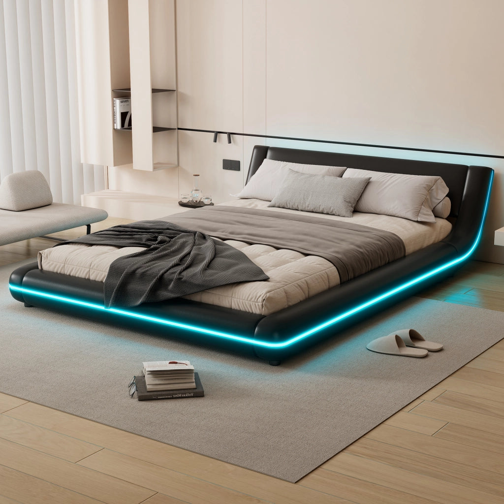 Letto basso matrimoniale 140×200 cm con LED regolabili; PU e MDF; senza materasso; nero per camera da letto