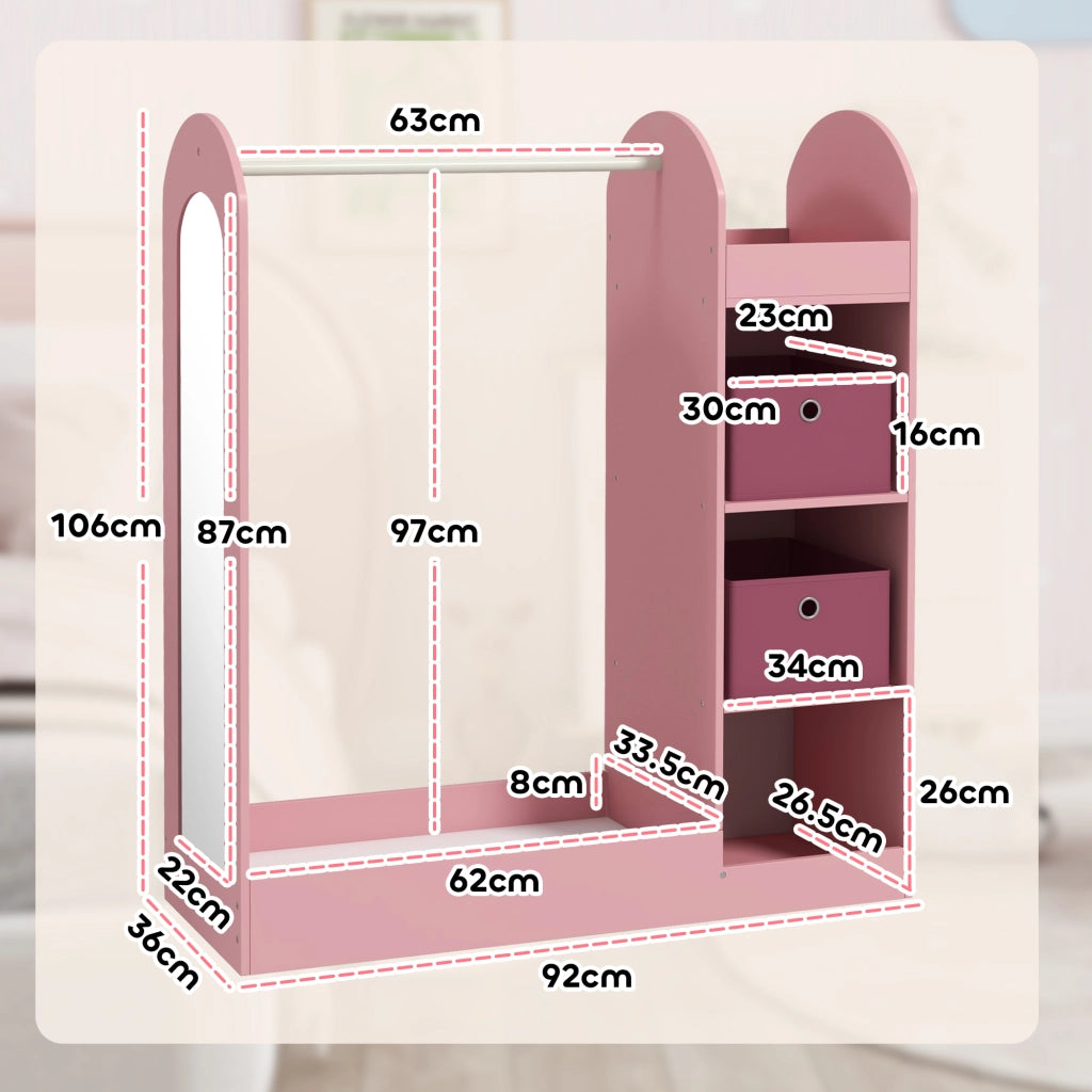 Appendiabiti per Bambini con Ripiani, Scatole e Specchio in Legno, Rosa