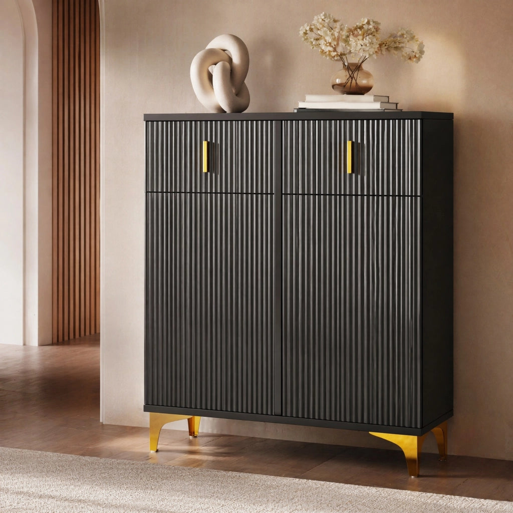 Credenza moderna a 2 ante e 2 cassetti con ripiani regolabili; nero; 83x35x101 cm in truciolare