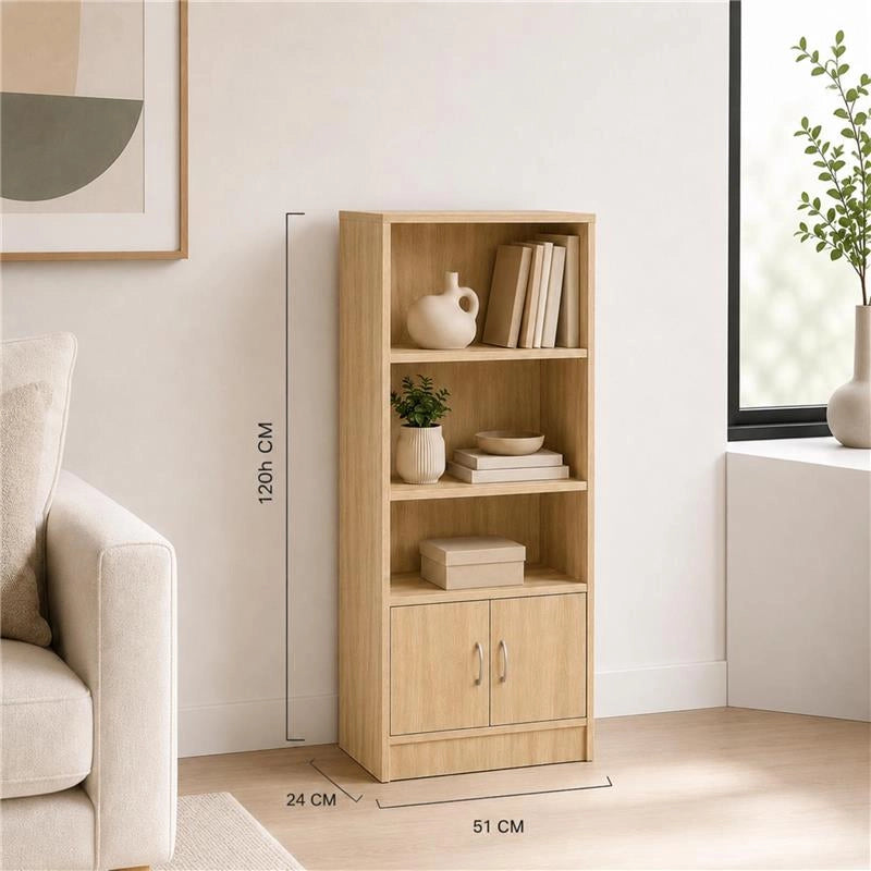 LIBRERIA IN MDF ROVERE CON TRE RIPIANI E DUE ANTE MISURE: 51X24X120CM