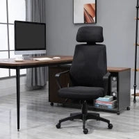 Sedia da Ufficio Reclinabile con Poggiatesta e Supporto Lombare, in Poliestere, 64x55x116-126 cm, Nero