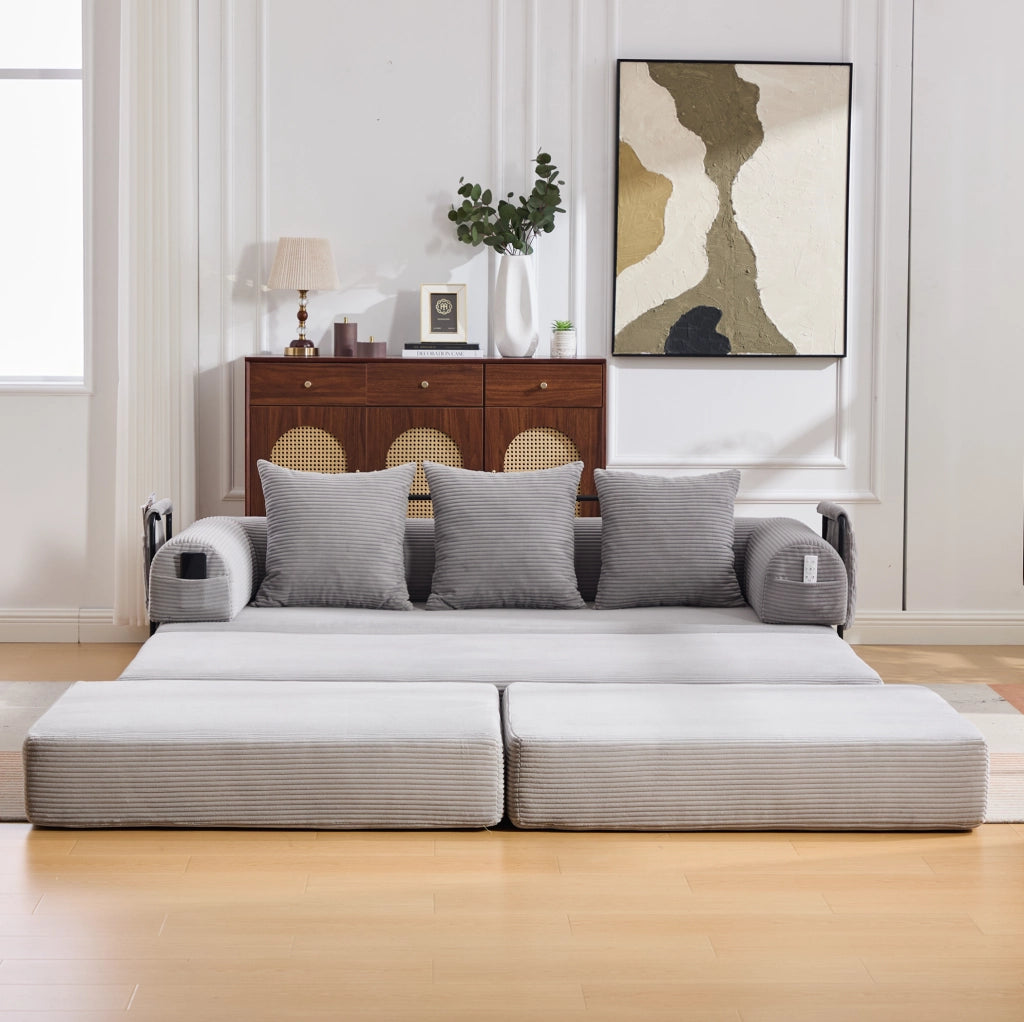 Sof脿 modulare in corduroy con pouf 200x190x67 cm; grigio chiaro