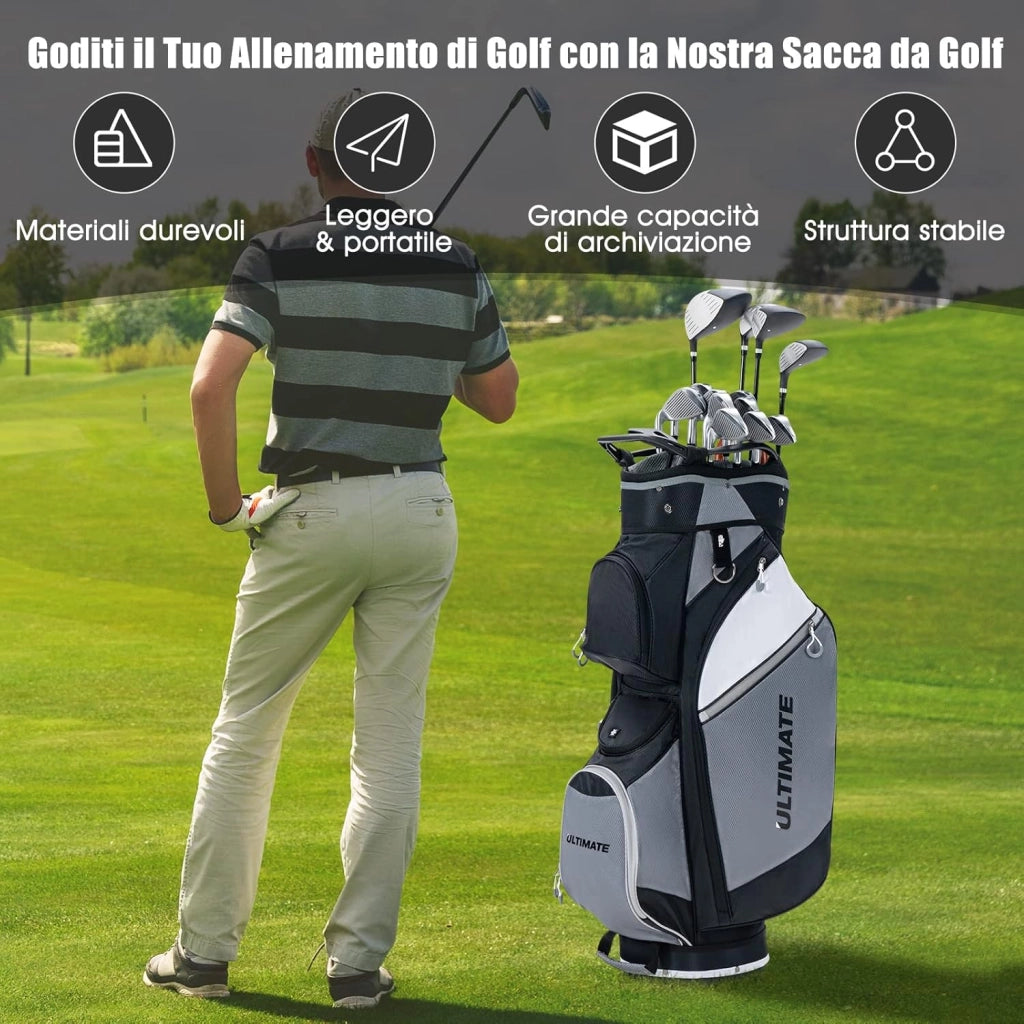 Borsa da Golf con 14 Divisori, Sacca per Mazze da Golf con Borsa Termica, Cappuccio Impermeabile, Maniglie e Tracolla, Ideale per Uomini e Donne, Nero e Grigio