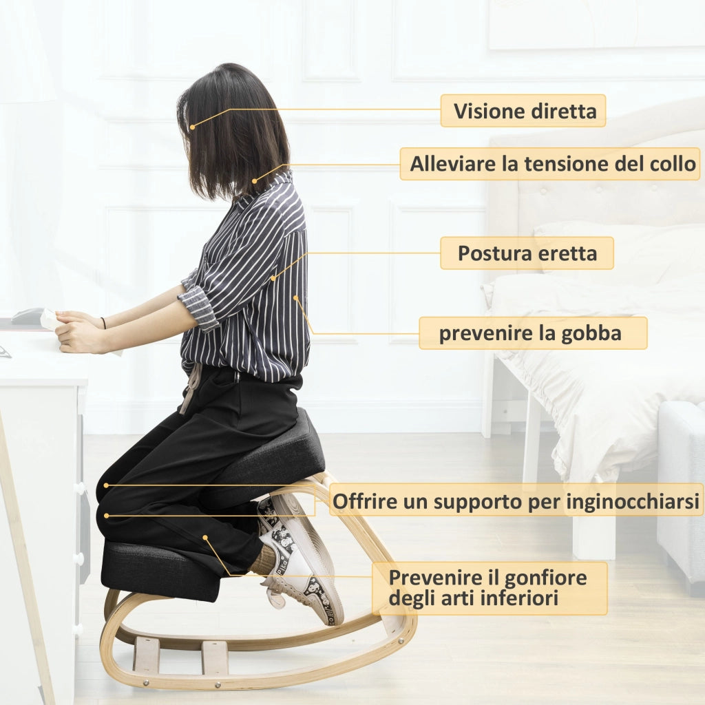 Sedia Ergonomica con Inginocchiatoio 51x69x58 cm in Betulla e Poliestere Nero