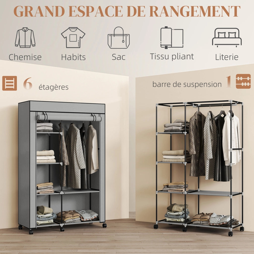 Armadio scorrevole in tessuto con appendiabiti e ripiani ¨C Zephmum ¨C 103x43x162,5cm grigio