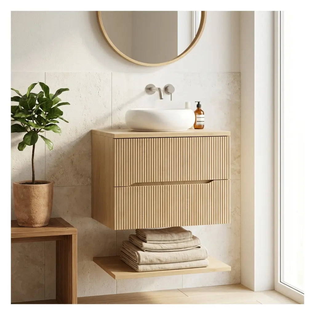 Set bagno sospeso NATURA 60cm: mobile sotto lavabo + piano per lavabo + lavabo da appoggio rotondo bianco