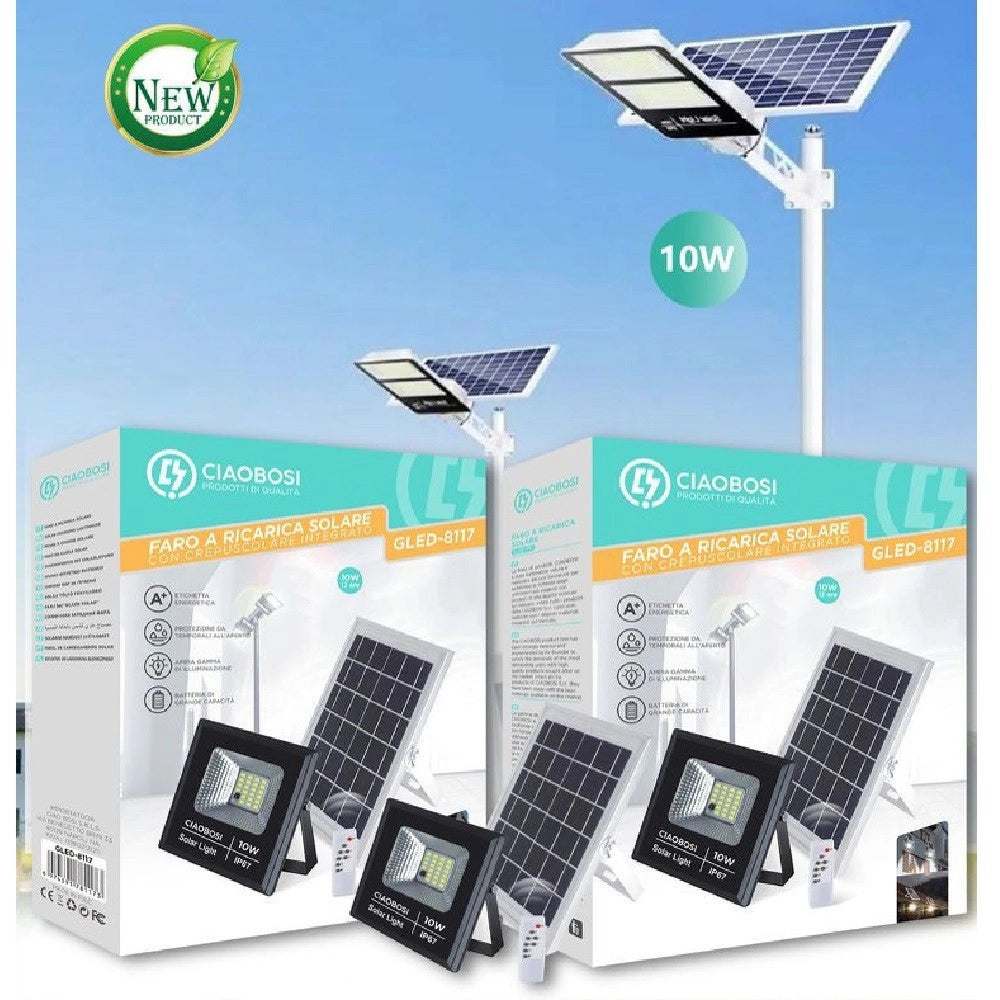 Trade Shop - Faro Faretto Led Pannello A Ricarica Solare 10 W Ip67 Con Telecomando Gled-8117 -