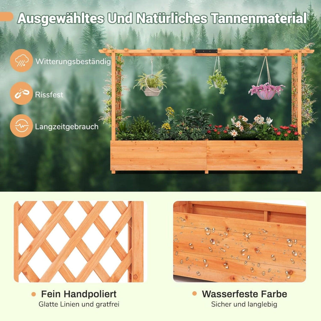 Fioriera rialzata con traliccio, 200 x 44 x 114 cm, fioriera con traliccio e tetto, aiuola rialzata per giardino, balcone, legno, per fiori, piante rampicanti e cesti sospesi, arancione