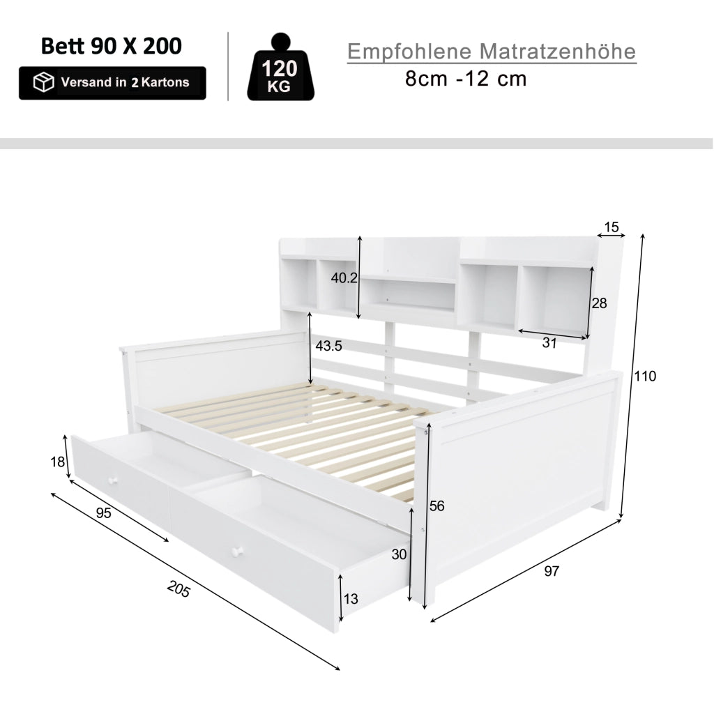 Divano letto singolo con 2 cassetti e vani portaoggetti in legno bianco per bambini e ragazzi 90 × 200 cm