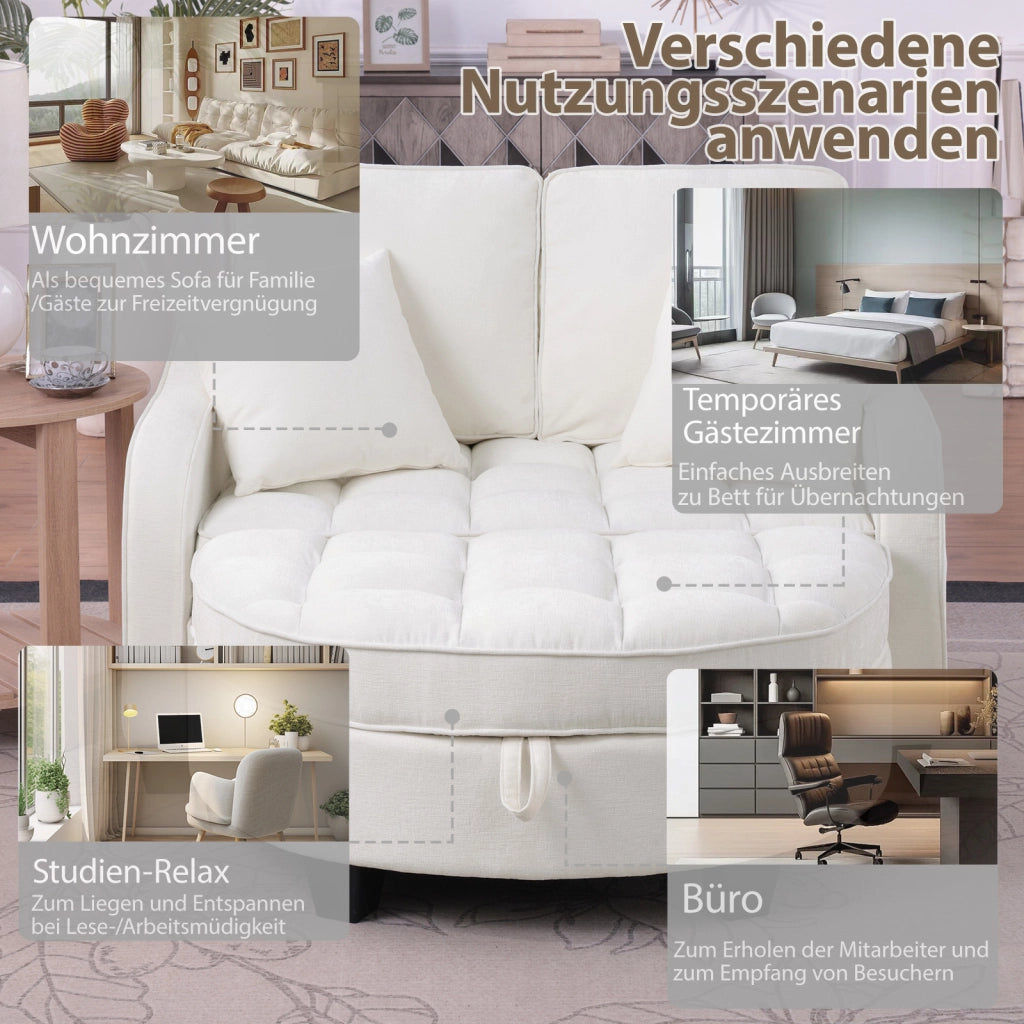 Divano letto multifunzionale con pouf contenitore e chaise longue - in eucalipto e tessuto beige