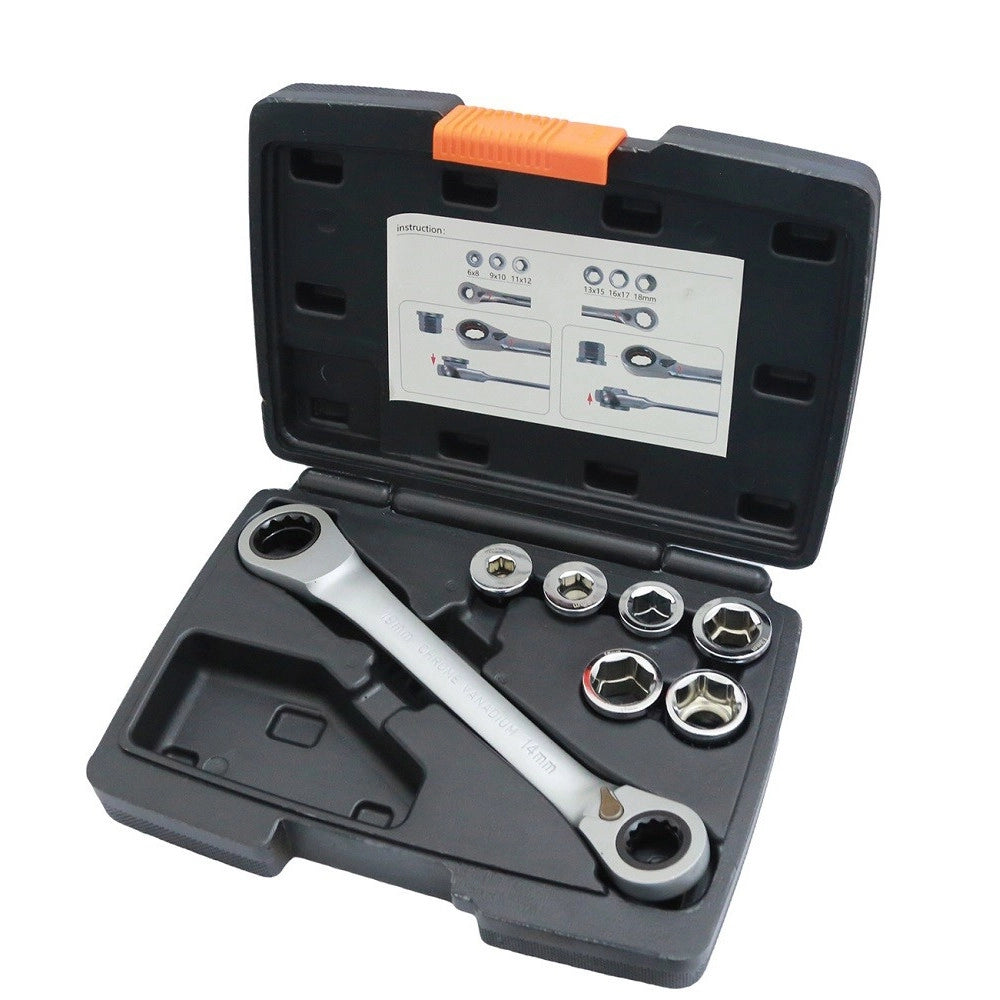 Trade Shop - Set 7 Chiave A Cricchetto Reversibile Esagonali 14-19mm 5 Innesti 6-19mm -