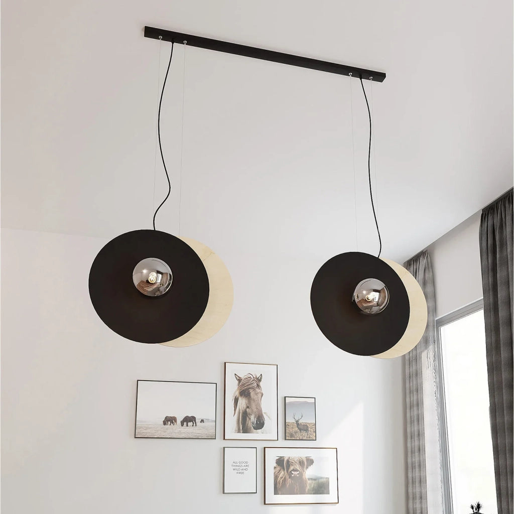 Sospensione Minimal Nordica Brigid 4 Luci In Acciaio Nero E Legno Vetro Fumè