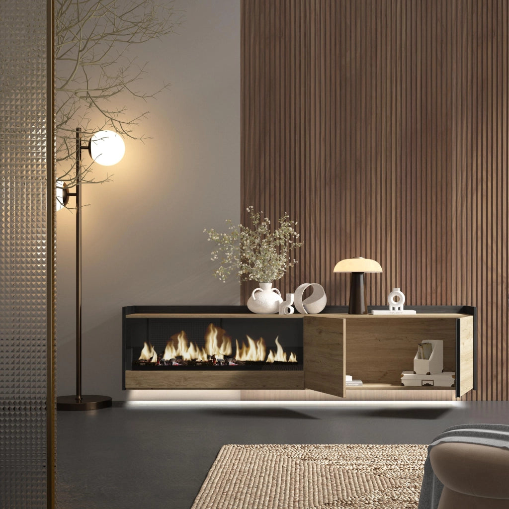 Mobile TV Soggiorno, 212x50x35 cm, Per TV fino a 80", Camino elettrico XXL, Sospeso, da appendere, LED, Rovere e nero
