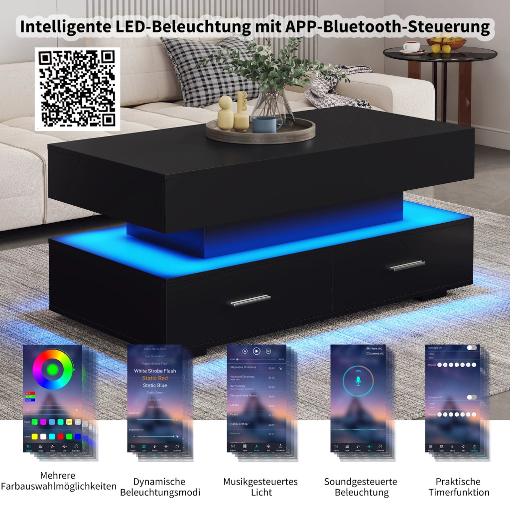 Tavolino basso sollevabile con LED e 2 cassetti, vano aperto e spazio contenitore nero 100 × 50 × 44 cm