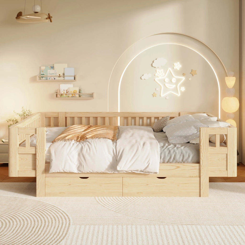 Letto per bambini in legno massiccio con sponde protettive e due cassetti, finitura legno 140 × 200 cm