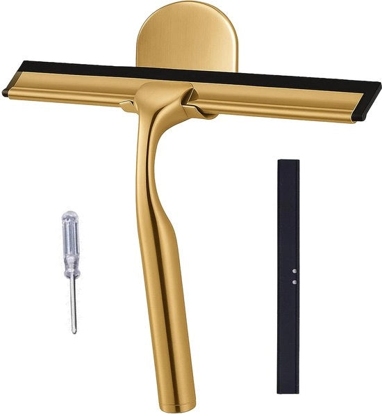 Douchewisser in acciaio inossidabile, dotato di 1 gancio metallico e 2 lamelle in gomma per la pulizia delle porte doccia, superfici bagno, finestre e vetri auto.