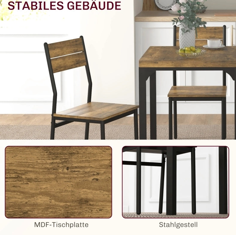 Set tavolo da pranzo con 2 sedie in MDF e acciaio marrone rustico