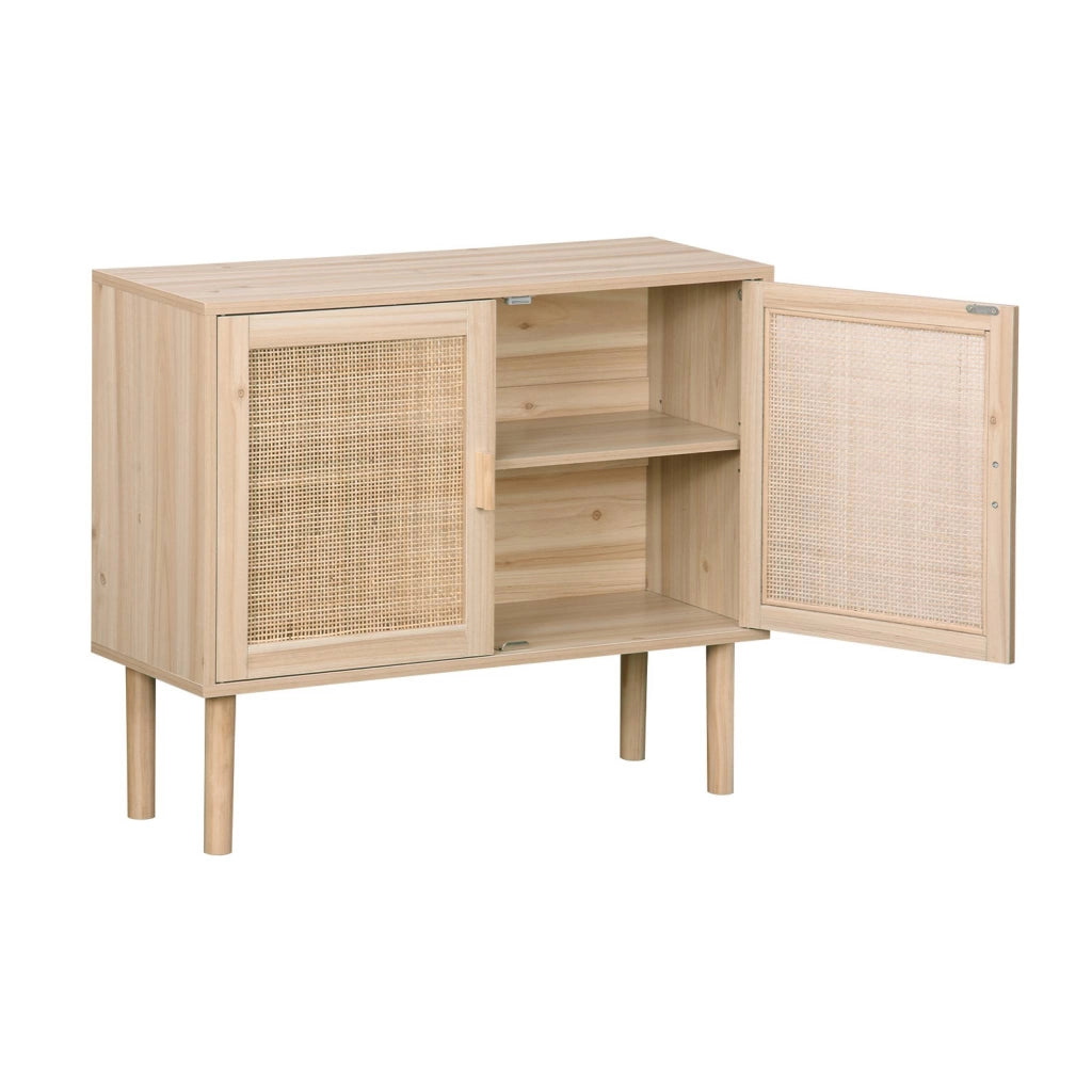 Credenza effetto canna e legno a 2 ante, 80cm, marrone naturale