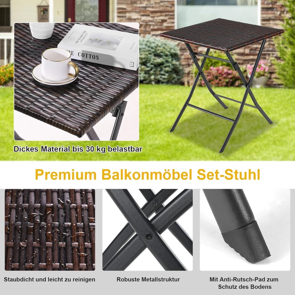 Set di Mobili da Balcone Pieghevole da 3 Pezzi, Mobili da Bistrot, Set Giardino in Rattan, 1 Tavolo e 2 Sedie, Sedia Pieghevole per Balcone, Giardino e Terrazza, Marrone