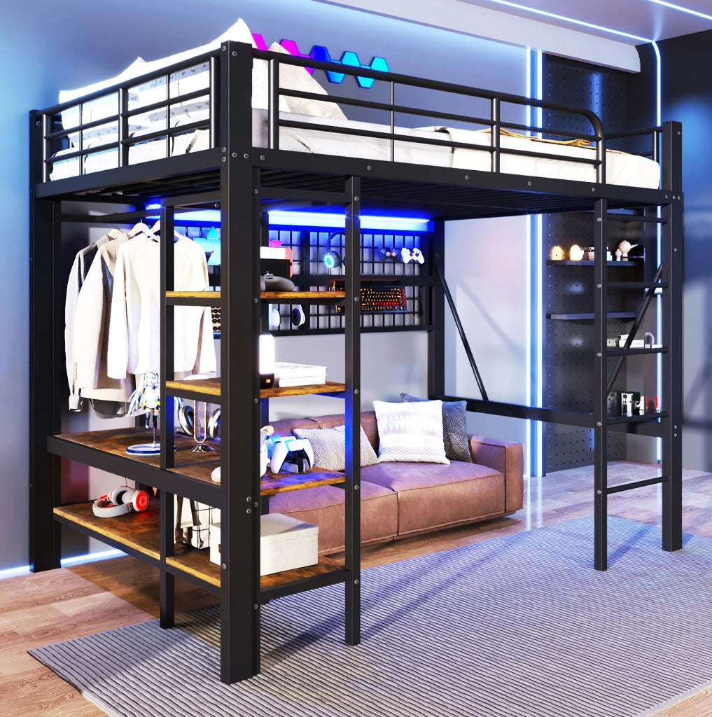Letto a soppalco 140 x 200 cm in metallo nero con LED, ripiani e rete