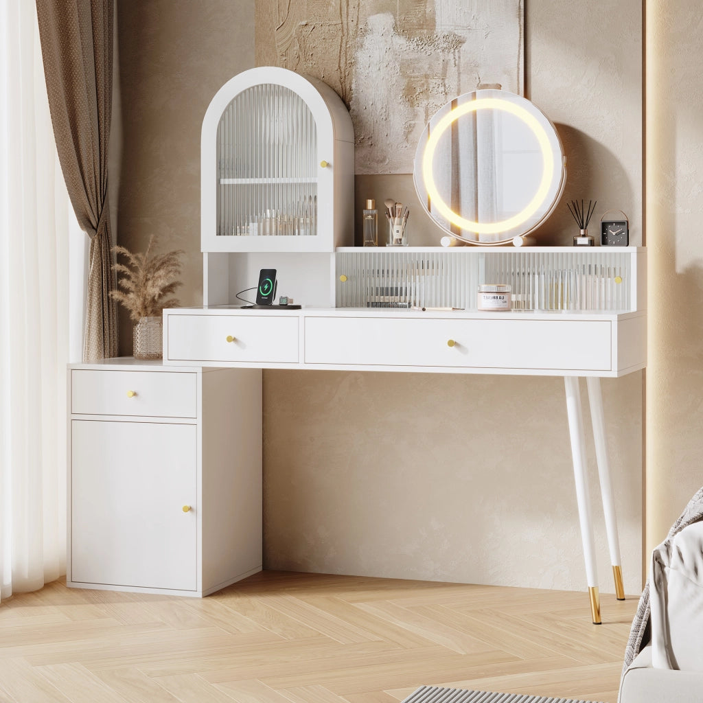 Toeletta con 3 cassetti; specchio LED; USB e Type-C - per camera da letto - bianco - 140x40x140 cm