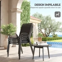 Set 4 Sedie da Giardino Impilabili in Acciaio e Tessuto a Rete Traspirante, 54x71x93 cm, Nero