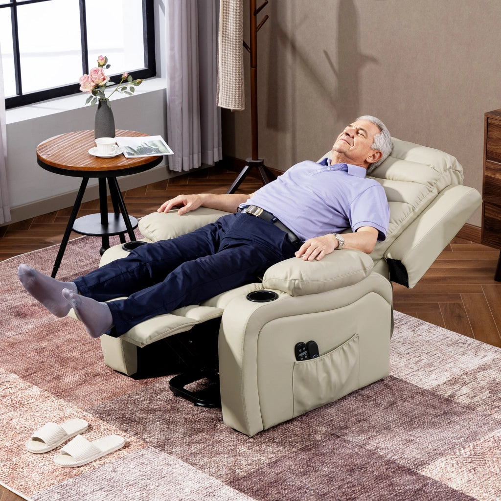 Poltrona Relax Elettrica con Alzapersona, Massaggio, Riscaldamento, USB ¨C zephmum ¨C Creme, Pelle