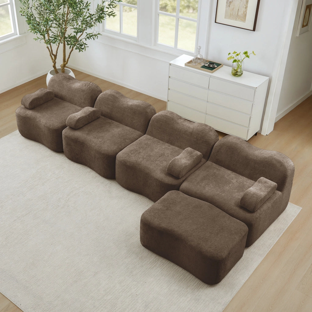 Divano angolare modulare 4 posti con pouf; 384x167x70 cm in velluto marrone