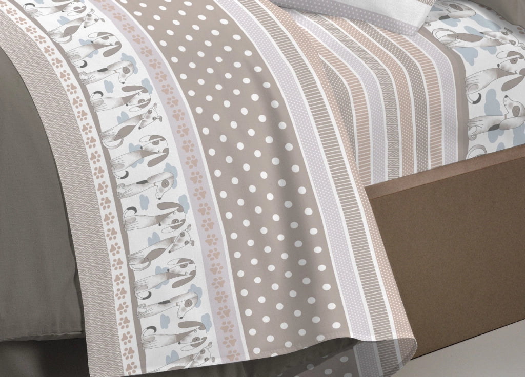 Completo Lenzuola Letto Pensieri Delicati 100% Cotone Dis. Bau Bau - Matrimoniale - Grigio