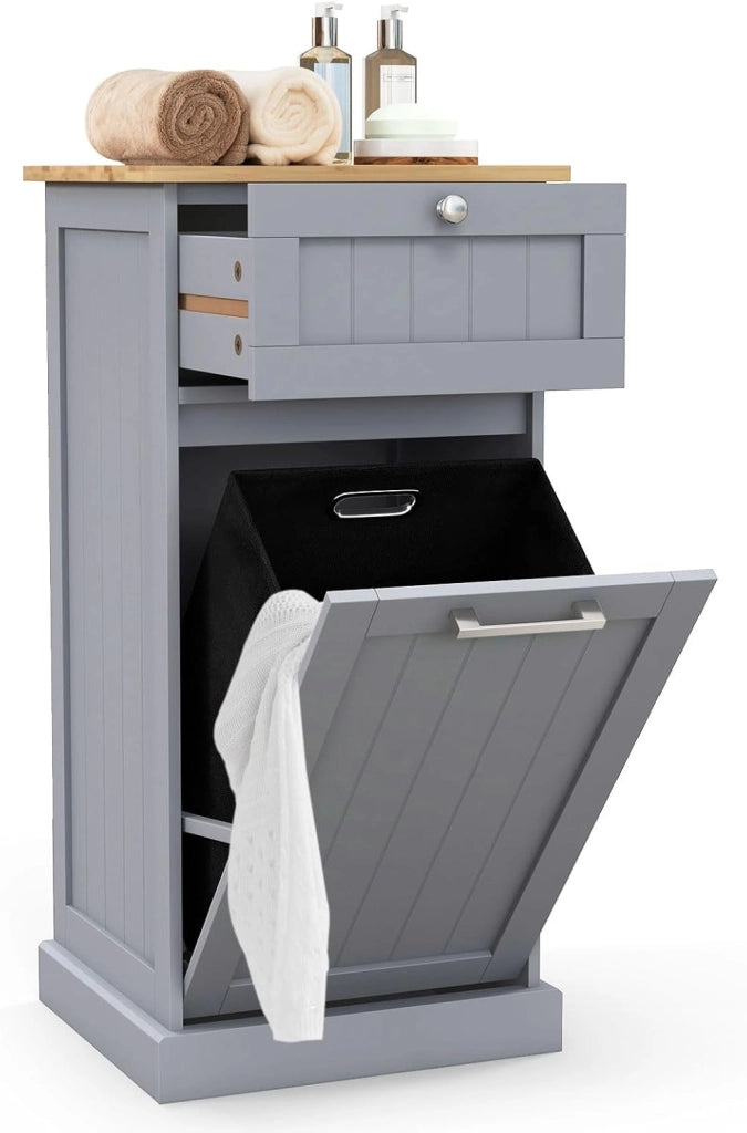 Mobile da Bagno con Portabiancheria, Mobiletto Salvaspazio da Terra con Cassetto, Ideale per Lavanderia e Bagno, 40 x 37 x 82 cm, 38 L (Grigio)