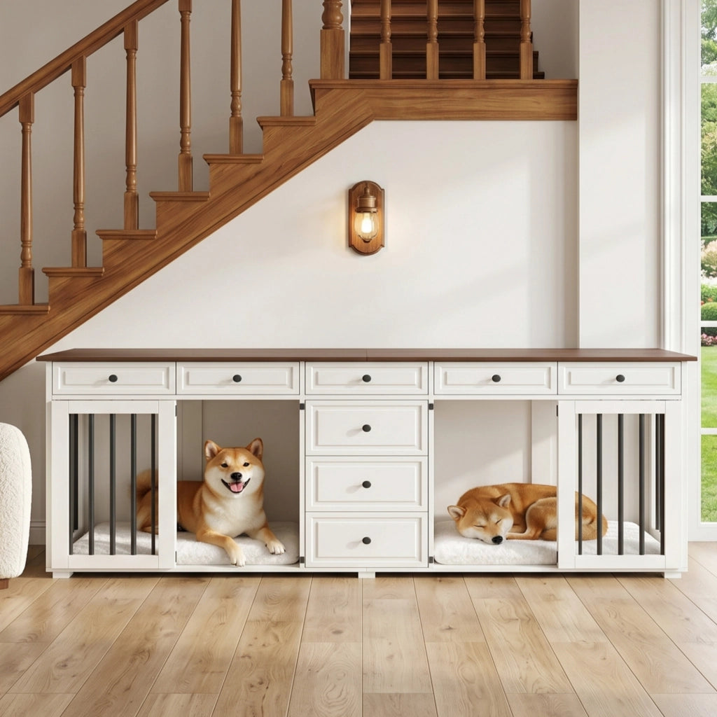 Mobiliario per cani da interno con 8 cassetti, struttura in MDF e metallo, 200 x 60 x 85 cm, bianco e piano noce
