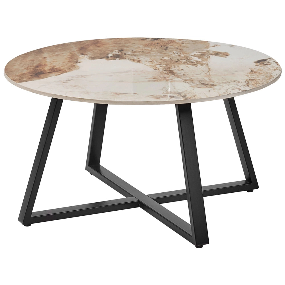 Tavolino da caffè nero con piano in ceramica bianca Struttura in metallo rotondo effetto marmo Design moderno