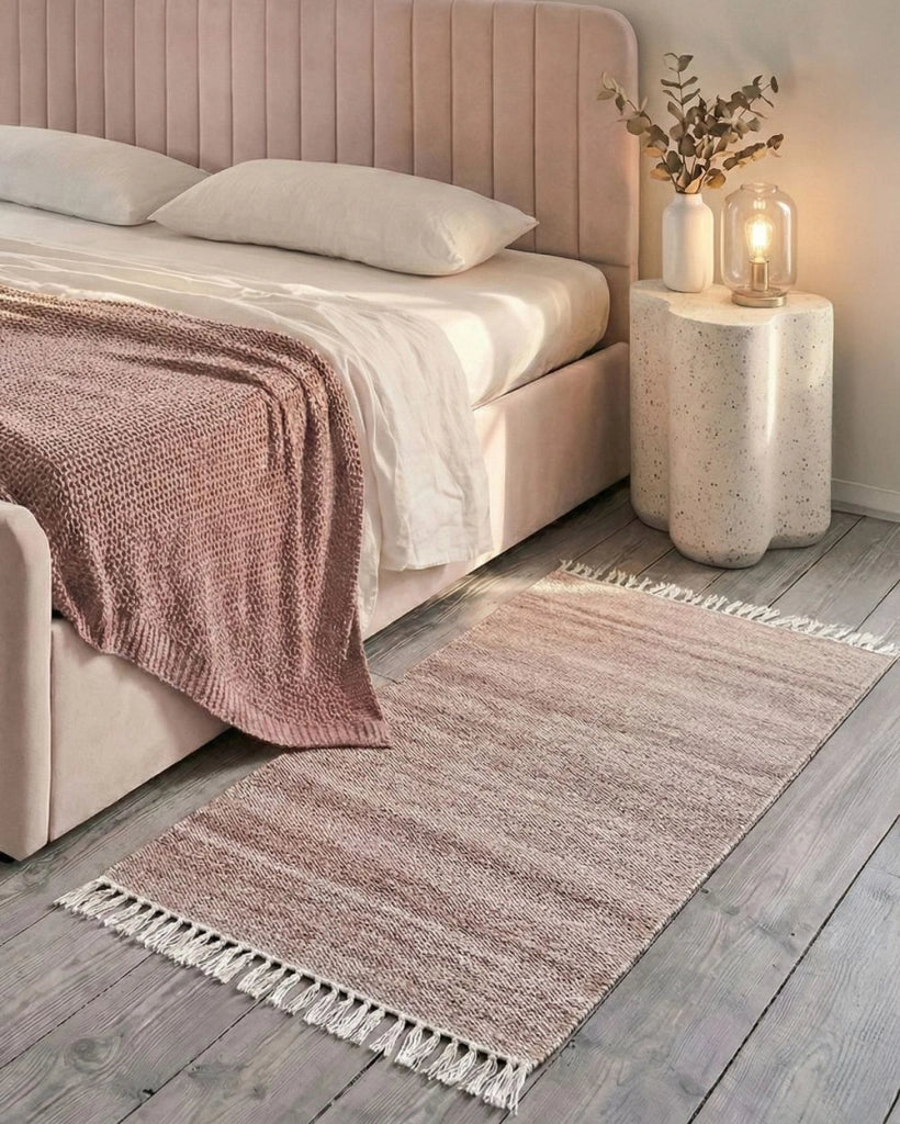 Tappeto in PET riciclato colore rosso chiaro con frange 80 x 150 cm interno esterno