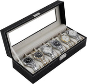 Cassetta orologio, 6 orologi, cassetta di conservazione con coperchio in vetro, cassetta orologio con vetrino, rivestimento in velluto, chiusura metallica, custodia in PU nera